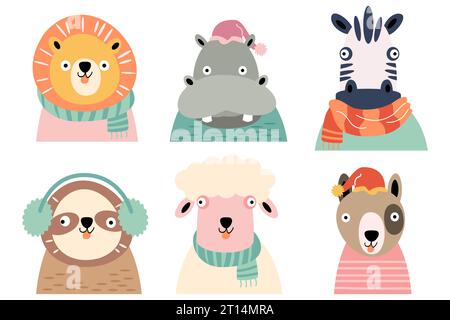 Animali selvatici con costume invernale . Design piatto . Sfondo isolato bianco . Set 1 di 4 . Vettore . Illustrazione Vettoriale