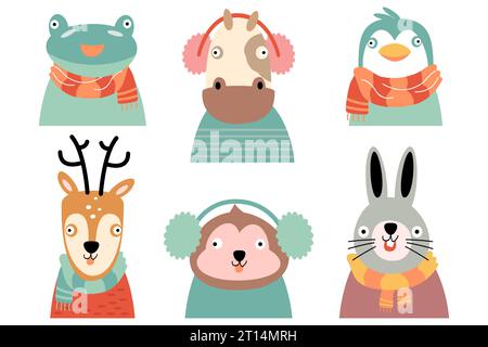 Animali selvatici con costume invernale . Design piatto . Sfondo isolato bianco . Set 2 di 4 . Vettore . Illustrazione Vettoriale