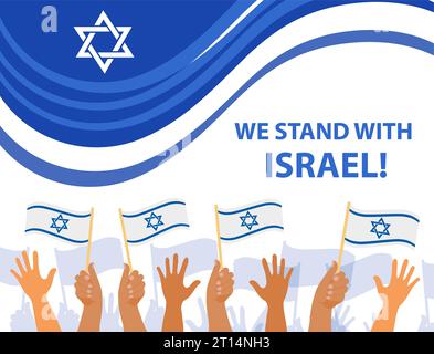 Supporto bellico israeliano. Io e lo Stato siamo con Israele. Mano che regge bandiere israeliane. Illustrazione vettoriale. Illustrazione Vettoriale