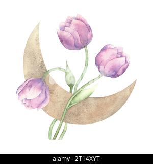 Tulipani cosmici ad acquerello con luna. Spazio illustrato disegnato a mano fiori su sfondo bianco. Composizione per logo e design. Foto Stock