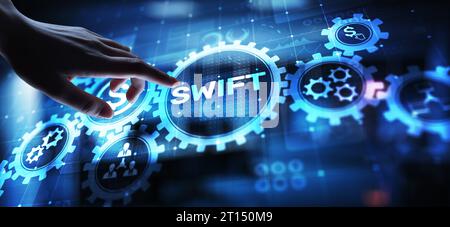 SISTEMA DI pagamento INTERNAZIONALE RAPIDO tecnologia finanziaria banking e trasferimento di denaro concetto su schermo virtuale. Foto Stock