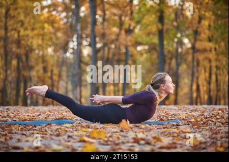 La bella giovane donna pratica yoga asana Salabhasana locust posa sul ponte di legno nel parco autunnale. Foto Stock