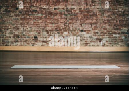 Spazio vuoto nel centro fitness, parete in mattoni, pavimento in legno naturale, moderno monolocale loft, tappetino per yoga srotolato sul pavimento. niente persone. Foto Stock