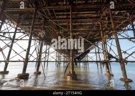 Il molo di Brighton Palace, conosciuto anche come il molo di Brighton o il molo del palazzo, è un molo di piacere classificato di grado II* a Brighton. Il molo fu progettato e costruito da R. St George Moore. Fu il terzo a Brighton, dopo il Royal Suspension Chain Pier nel 1823 e il West Pier nel 1866. Visto qui durante una bassa marea Foto Stock