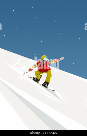 Giovane ragazza che cavalca su snowboard, scendendo lungo la montagna innevata. Design creativo. Foto Stock