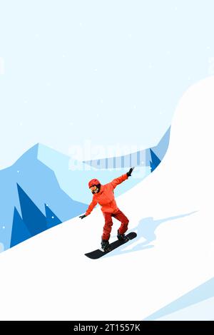 Uomo attivo con casco e occhiali che cavalca su snowboard, scendendo lungo la montagna innevata. Design creativo. Foto Stock