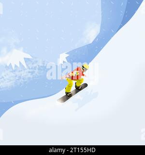 Giovane ragazza, amante dello sport attivo che cavalca su snowboard, scendendo lungo la montagna innevata. Design creativo. Foto Stock