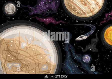 Vector Fantasy Space Chart, poster astronomico orizzontale con cartoni animati in orbita attorno a Europa su Giove, razzo fantascientifico in profondità, decorazioni Illustrazione Vettoriale