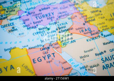 Mappa di Israele e della capitale Gerusalemme. Ciò mostra la zona di guerra tra Hamas, Palestina e Israele su una mappa mondiale Foto Stock