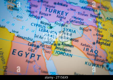 Mappa di Israele e della capitale Gerusalemme. Ciò mostra la zona di guerra tra Hamas, Palestina e Israele su una mappa mondiale Foto Stock