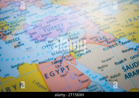 Mappa di Israele e della capitale Gerusalemme. Ciò mostra la zona di guerra tra Hamas, Palestina e Israele su una mappa mondiale Foto Stock