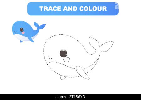 Gioco educativo per bambini "Connect the Dots" per la scrittura a mano pratica colorazione di libri, tracce e colori con una simpatica balena marina Illustrazione Vettoriale