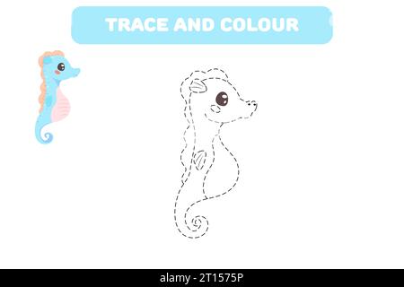 Gioco educativo per bambini "Connect the Dots" per scrivere a mano un libro da colorare con simpatici cavallucci marini Illustrazione Vettoriale