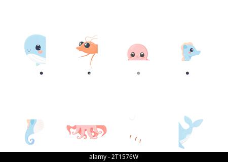 Illustrazione a cartoni animati dell'attività di apprendimento di abbinare metà foto a divertenti personaggi di animali marini Illustrazione Vettoriale