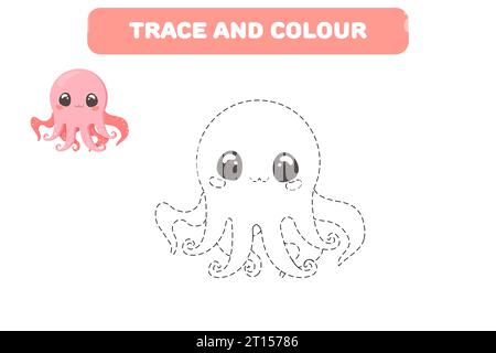 Gioco educativo per bambini "Connect the Dots" per la scrittura a mano, libro da colorare con simpatico polpo a carattere marino Illustrazione Vettoriale