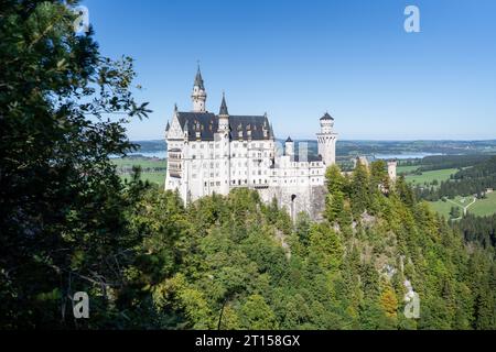 Castello di Neuschwanstein, un palazzo storico del XIX secolo su un'aspra collina ai piedi delle Alpi, nel sud della Germania. Foto Stock