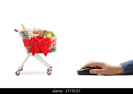 Mano con un mouse per fare acquisti online di generi alimentari isolati su sfondo bianco Foto Stock