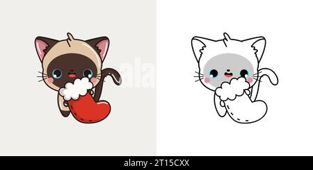 Impostare Clipart Christmas Siamese Cat Coloring Page and Colored Illustration. Kawaii Xmas PET. Illustrazione Vettoriale