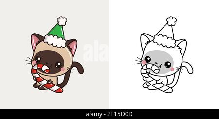 Graziosa Clipart siamese di Natale Vector per colorare pagina e illustrazione. Happy Art Christmas PET. Illustrazione Vettoriale