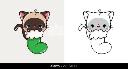 Clipart Christmas Siamese Cat multicolore e bianco e nero. Carino Clip Art Capodanno Cat. Illustrazione Vettoriale