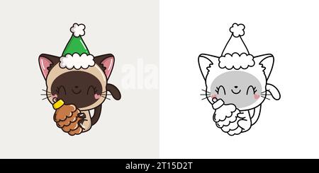 Clipart Christmas Siamese Cat multicolore e bianco e nero. Carino Clip Art Capodanno Cat. Illustrazione Vettoriale