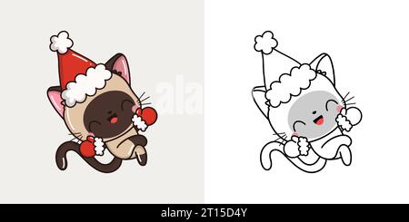 Capodanno Kawaii Siamese Cat per colorare pagina e illustrazione. Adorabile Clip Art Christmas Cat. Illustrazione Vettoriale
