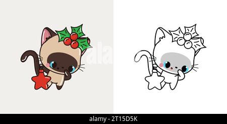 Set Natale gatto siamese multicolore e bianco e nero. Kawaii Clip Art Christmas Kitty. Illustrazione Vettoriale