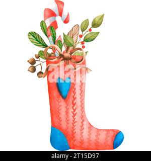 Calzino di Natale. Illustrazione acquerello. Isolato. Foto Stock