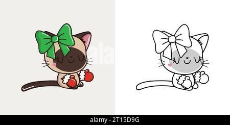 Kawaii Vector Christmas Siamese Cat Illustration and for Coloring Page. Divertente mammifero di Natale di Kawaii. Illustrazione Vettoriale