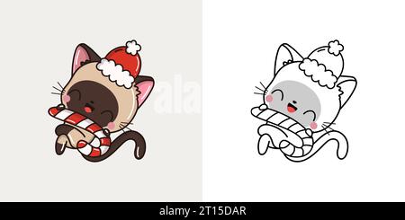 Kawaii Vector Xmas gatto siamese multicolore e bianco e nero. Beautiful Clip Art Christmas Kitty Illustrazione Vettoriale
