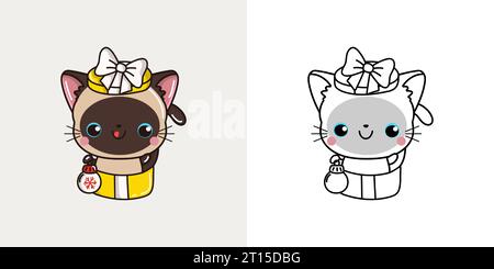 Kawaii Capodanno Siamese Cat Clipart multicolore e bianco e nero. Carino Kawaii Christmas Kitten. Illustrazione Vettoriale