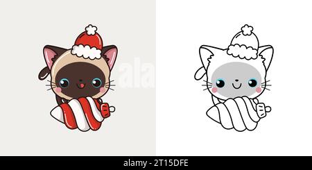 Set Natale gatto siamese multicolore e bianco e nero. Kawaii Clip Art Christmas Kitty. Illustrazione Vettoriale