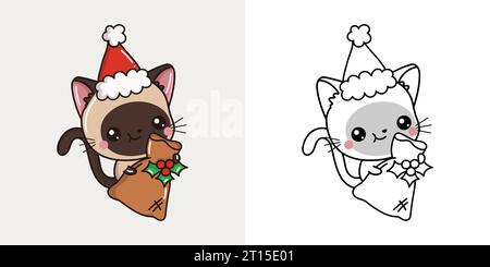 Carino Natale Siamese Cat Clipart Illustration e bianco e nero. Funny Clip Art Christmas Mammal Illustrazione Vettoriale