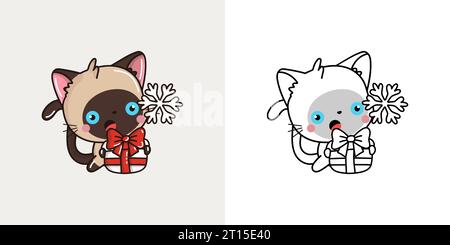 Graziosa Clipart siamese di Natale Vector per colorare pagina e illustrazione. Happy Art Christmas PET. Illustrazione Vettoriale
