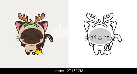 Simpatica illustrazione del gatto siamese di Natale e per colorare pagina. Cartoni animati adesivi Capodanno Kitten. Illustrazione Vettoriale