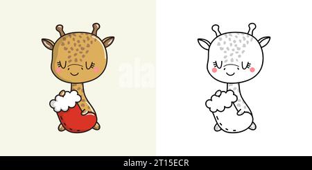 Clipart Christmas Giraffe multicolore e bianco e nero. Carino Clip Art New Year African Animal. Illustrazione Vettoriale