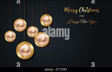 Banner natalizio di lusso con oro scritto a mano buon Natale e felice anno nuovo saluti e palle di Natale color oro. Vettore Illustrazione Vettoriale