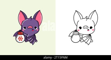 Kawaii Vector Christmas Bat Illustration e for Coloring Page. Divertente Kawaii Xmas Animal. Illustrazione Vettoriale