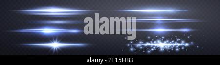 Set di lenti blu. La luce lampeggia con raggi o luce di profondità blu. Effetto luce soffusa. Illustrazione vettoriale. Isolato su sfondo trasparente scuro Illustrazione Vettoriale