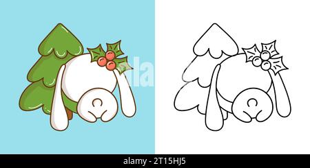 Carina illustrazione Lepre natalizia e per colorare pagina. Cartoon Stickers New Year Bunny. Illustrazione Vettoriale