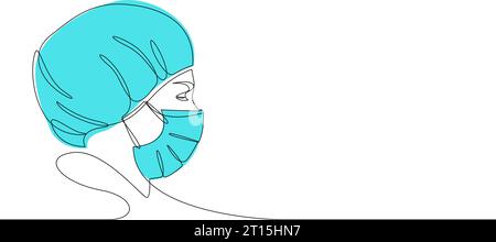 Una linea continua disegno di operatore medico che indossa maschera e cappello. Avatar ritratto chirurgo o infermiere disegnato per riga singola. Concetto di coronavirus Illustrazione Vettoriale