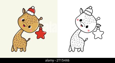 Clipart Christmas Giraffe multicolore e bianco e nero. Carino Clip Art New Year African Animal. Illustrazione Vettoriale