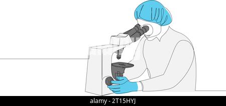 Scienziato che guarda attraverso il microscopio nel disegno continuo di linee in laboratorio. Concetto di ricerca scientifica disegnato da una linea unica. Illustrazione vettoriale su W Illustrazione Vettoriale