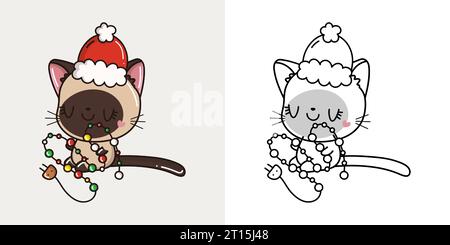 Simpatica illustrazione del gatto siamese di Natale e per colorare pagina. Cartoni animati adesivi Capodanno Kitten. Illustrazione Vettoriale