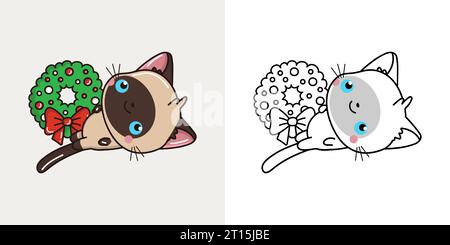 Impostare Clipart Christmas Siamese Cat Coloring Page and Colored Illustration. Kawaii Xmas PET. Illustrazione Vettoriale