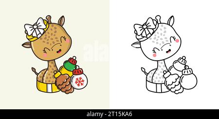 Imposta Clipart Christmas Giraffe Coloring Page e Color Illustration. Kawaii Xmas African Animal. Illustrazione Vettoriale