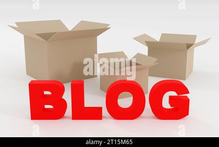 Blog con iscrizioni rosse di lusso su podio grigio, luce soffusa, vista frontale sfondo liscio, rendering 3d. Foto Stock