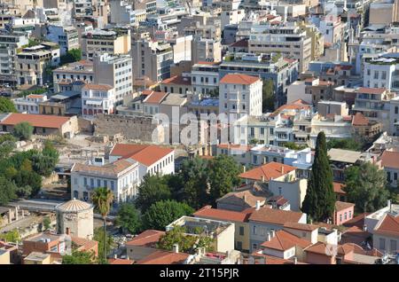 Vista su Atene, incluso il Tempio dei Venti, Grecia Foto Stock