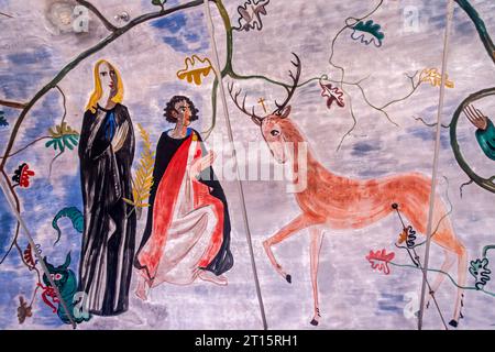 Affresco sul soffitto di Hilt nella chiesa Eglise Saint-Firmin / St Fermin a Rochehaut, provincia di Lussemburgo, Ardenne belghe, Vallonia, Belgio Foto Stock