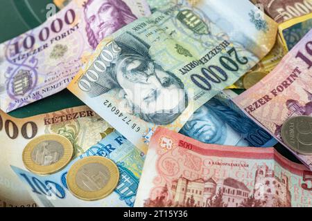 Forint ungheresi, moneta ungherese, banconote e monete, concetto finanziario ed economico Foto Stock